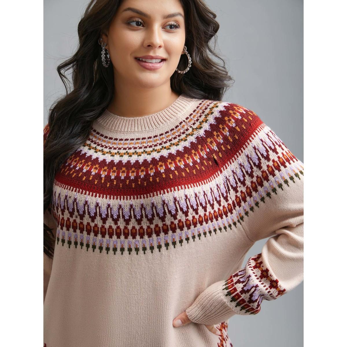 Plus Size Round Neck Bandana Color Contrast Pullover Apricot Women Casual Loose Long Sleeve Round Neck Everyday Pullovers BloomChic 14-16/1X Product Image