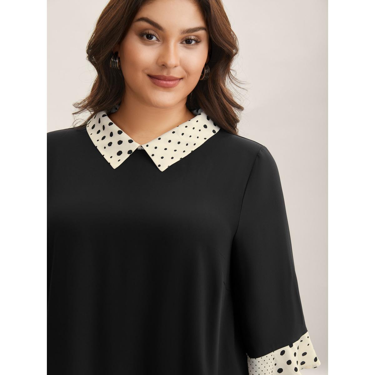 Plus Size Black Sheer Color Contrast Spliced Collar Blouse Women Office Elbow-length sleeve Shirt collar Office Blouses BloomChic 18-20/2X Product Image
