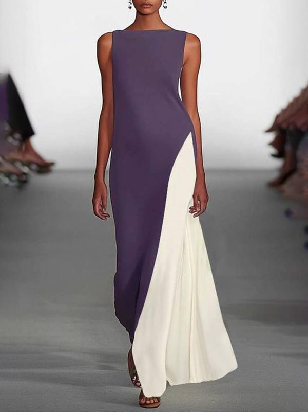 Loose Sleeveless Contrast Color Round-Neck Maxi Dresses Product Image