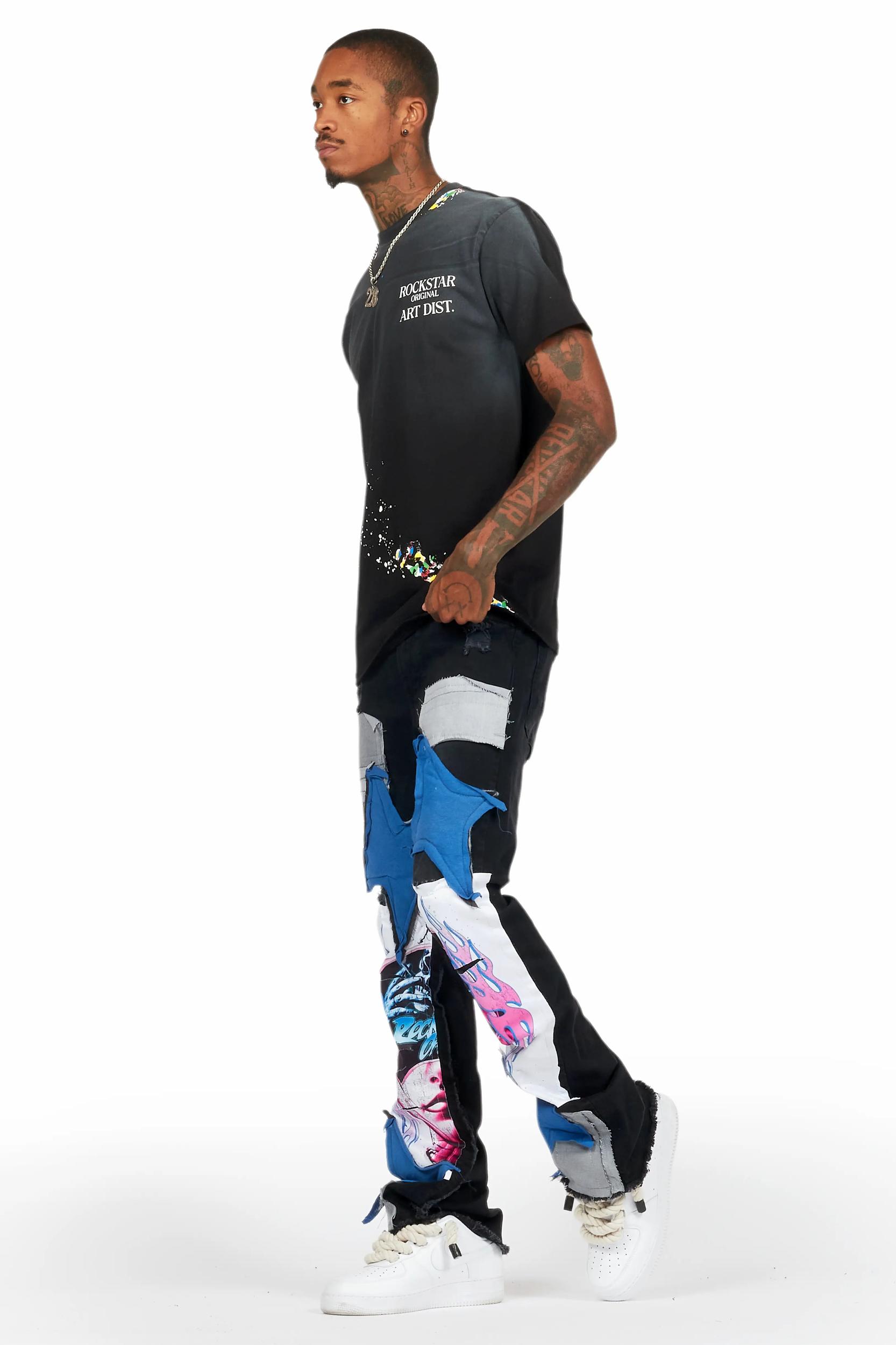 Helios Dark Grey Patchwork Stacked Flare Jean Male Product Image