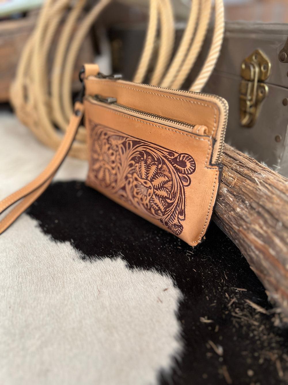 Darling Small Hand Tooled Leather Wristlet Pouch Bag Product Image