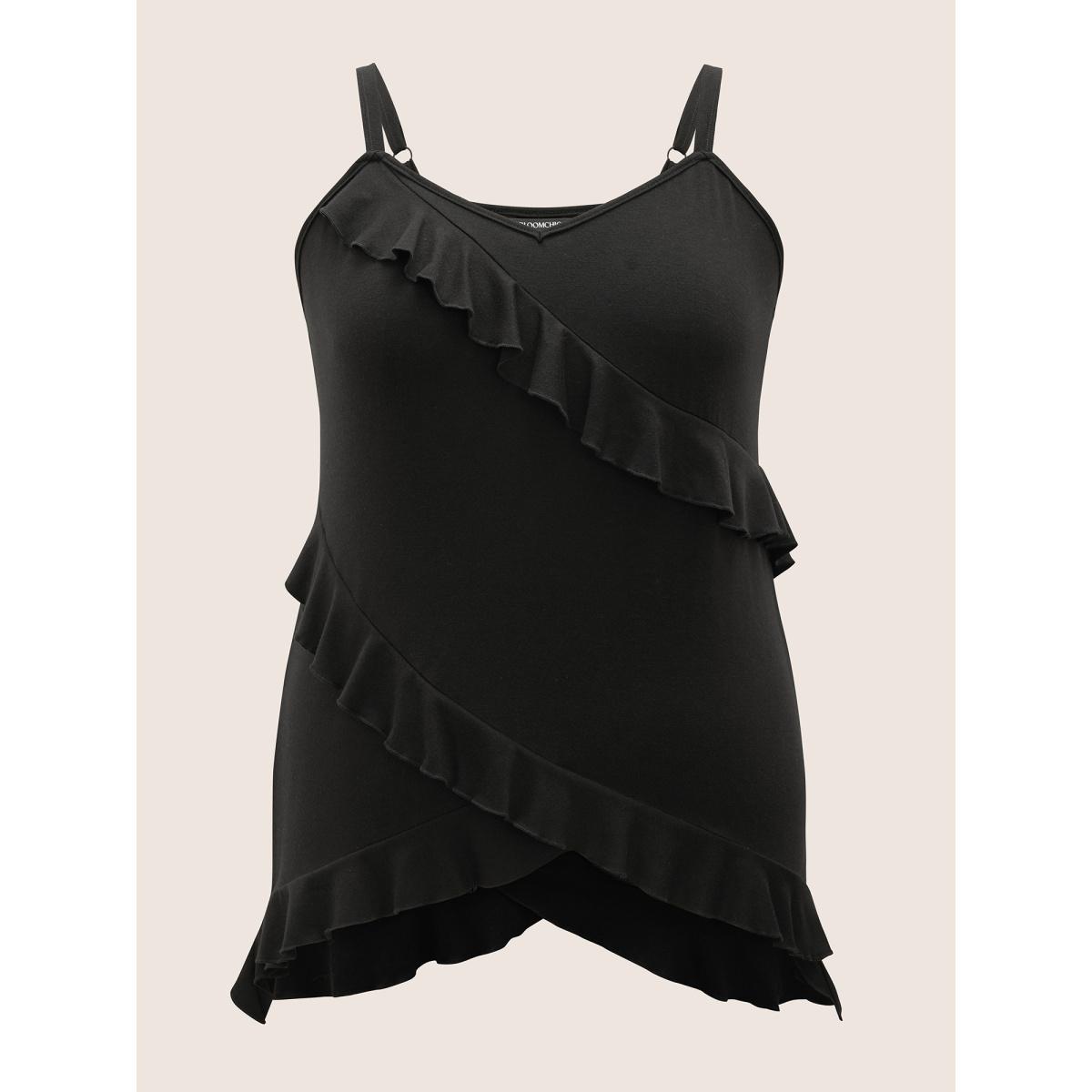Plus Size Solid Patchwork Ruffle Trim Adjustable Straps Cami Top Women Black Elegant Patchwork V-neck Everyday Tank Tops Camis BloomChic 12/L Product Image