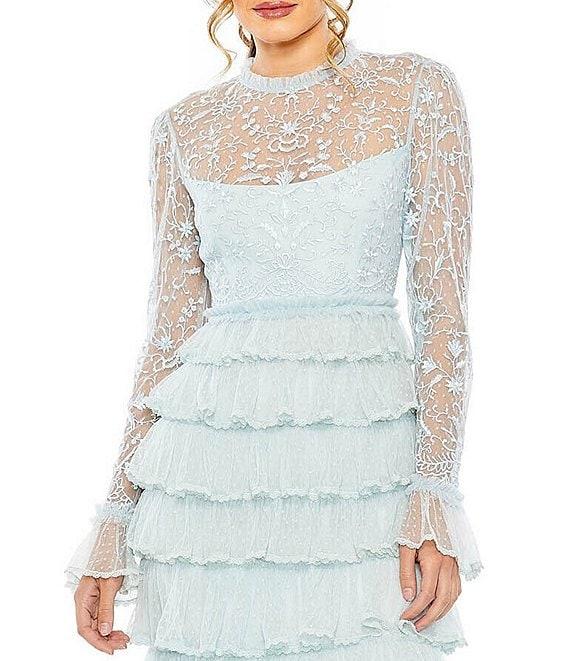 Mac Duggal Embroidered Crew Neck Long Sleeve Tiered Ruffled Hem Maxi Dress Product Image