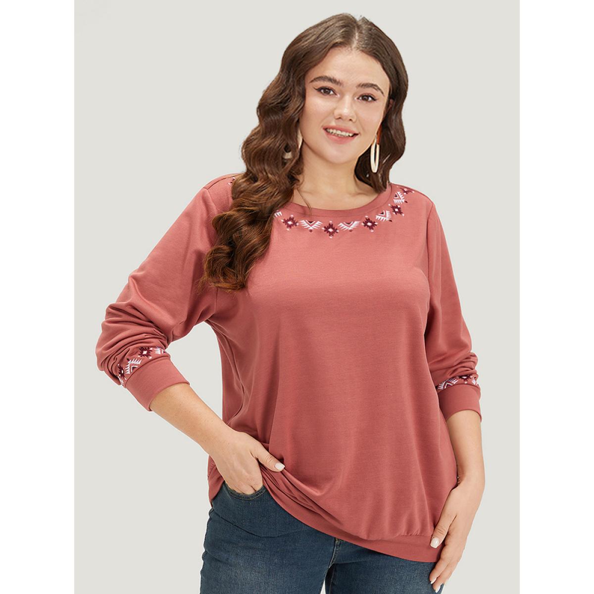 Plus Size Floral Embroidered Long Sleeve Crew Neck Sweatshirt Women DustyPink Elegant Elastic cuffs Round Neck Dailywear Sweatshirts BloomChic 28/5X Product Image
