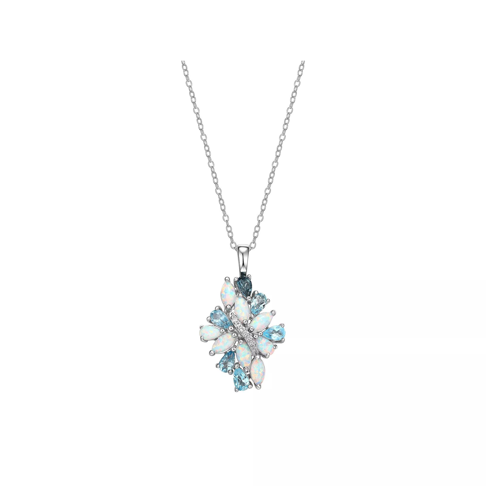 Rhodium-Plated Sterling Silver Blue Topaz With Lab-Created Opal and Lab-Created White Sapphire Accent Cluster Pendant Necklace, Women's, Size: 18" Product Image