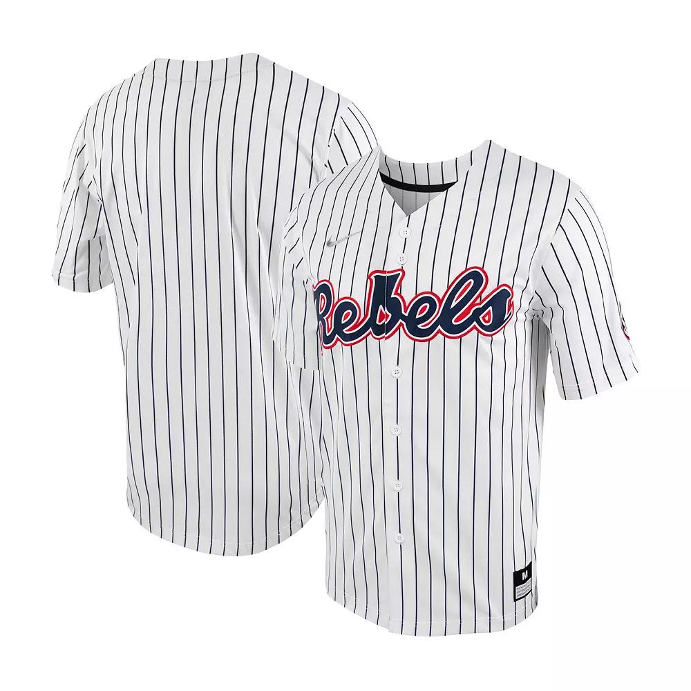Men's Nike White/Navy Ole Miss Rebels Pinstripe Replica Full-Button Baseball Jersey,  Product Image