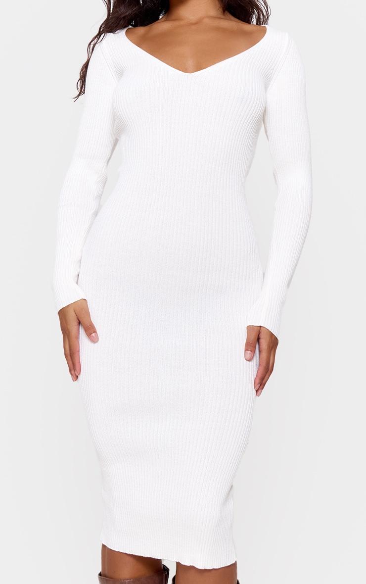 Cream V Neck Knit Midi Dress Product Image
