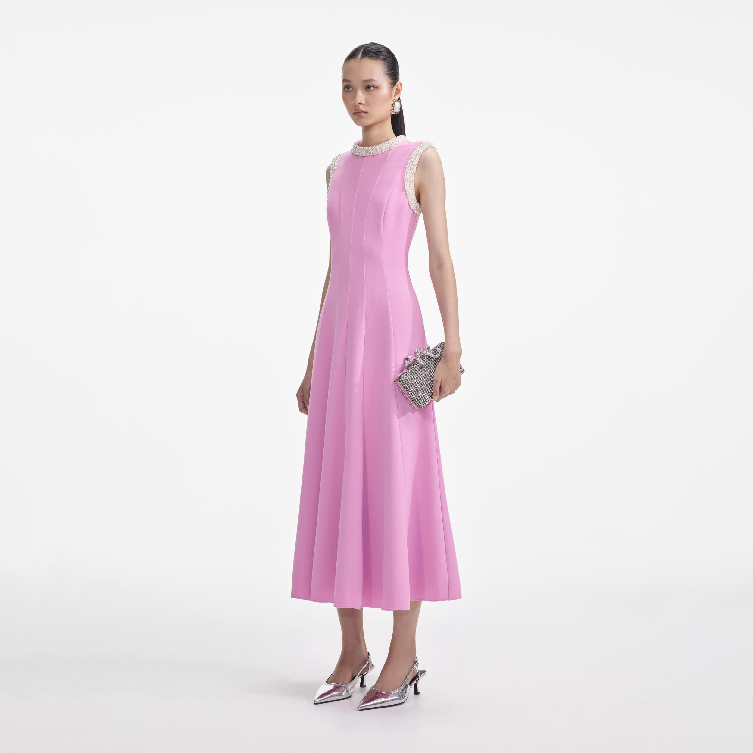 Pink Crepe Pearl Trim Midi Dress Product Image
