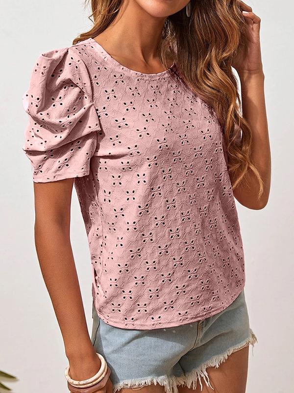 Loose Short Sleeves Hollow Pleated Solid Color Round-Neck T-Shirts Tops Product Image