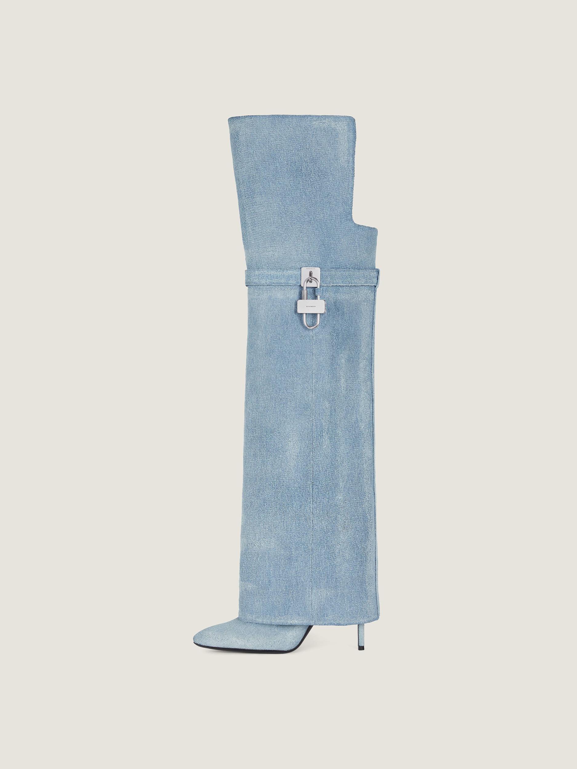 Shark Lock Stiletto over-the-knee boots in washed denim Product Image
