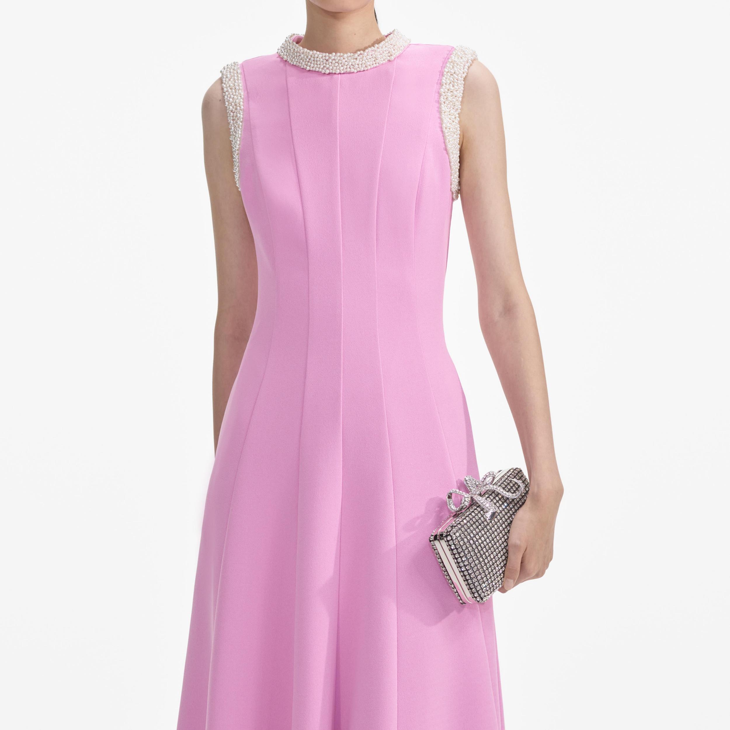 Pink Crepe Pearl Trim Midi Dress Product Image