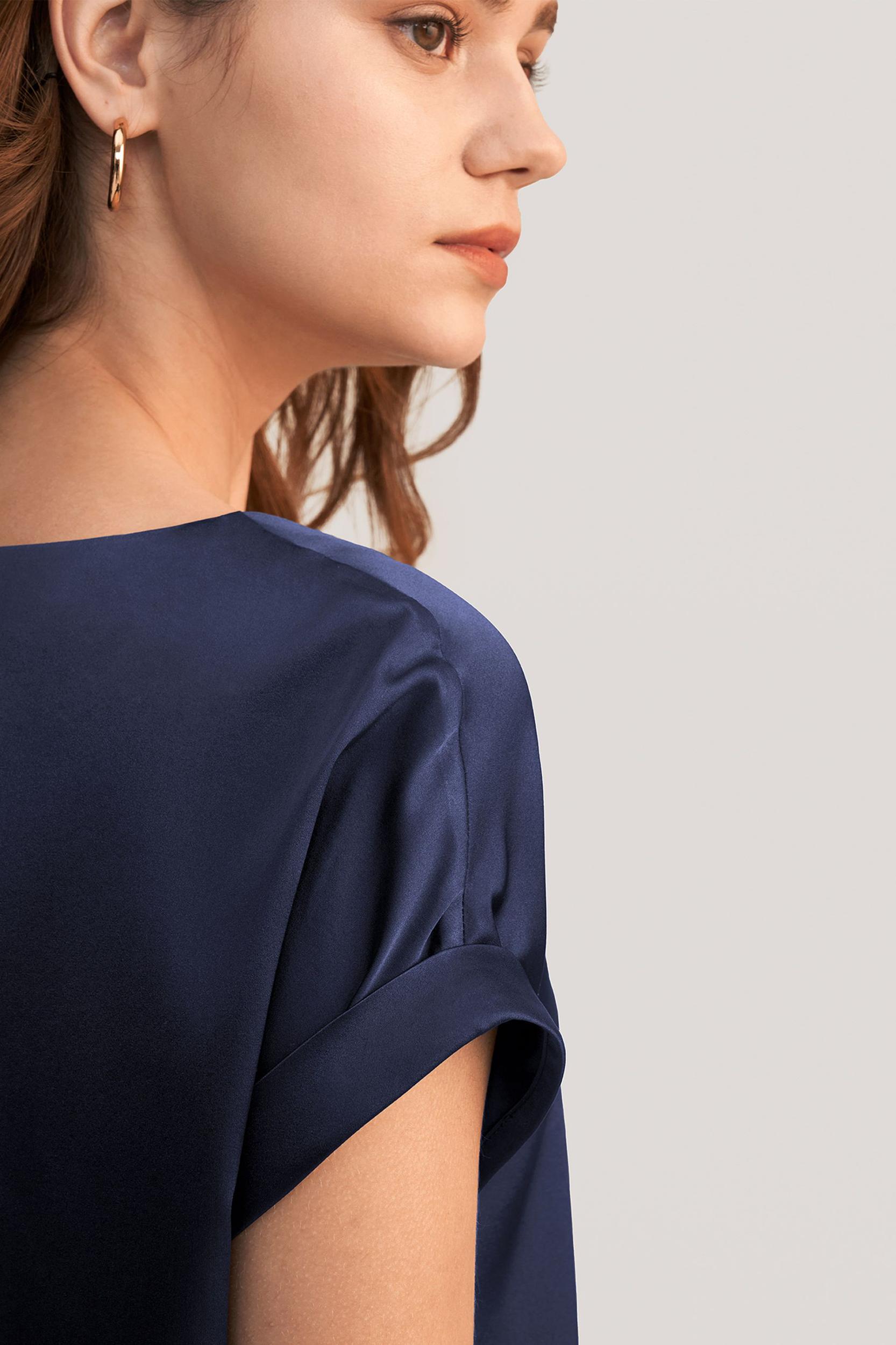 LILYSILK Women Silk Tee Shirts Black Quality Stretchy Silk Soft Classic Round Neck Rolled Cuffs Silk Top XS Product Image