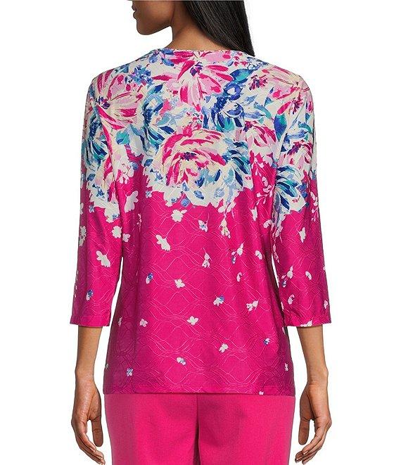 Allison Daley Petite Size Embellished Floral Print 3/4 Sleeve Crew Neck Linear Jacquard Knit Top Product Image