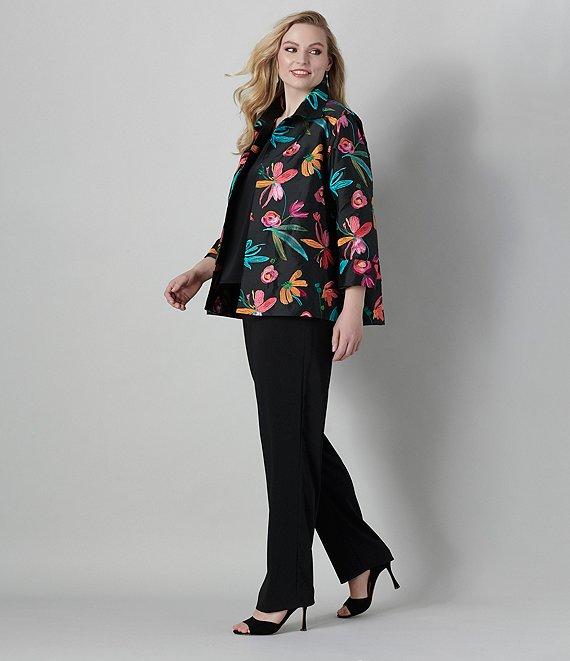 Caroline Rose Plus Size Glorious Garden Floral Embroidered Jacquard Spread Collar Bracelet Sleeve Open-Front Statement Jacket Product Image