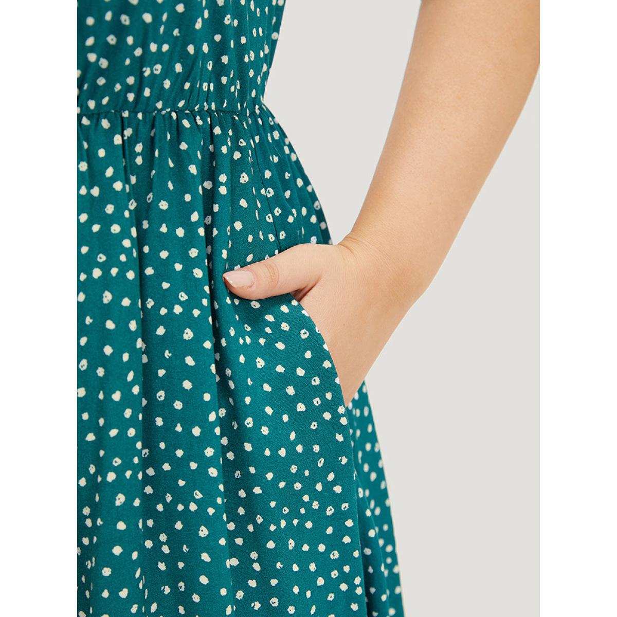 Plus Size Leopard Wrap Ruffle Trim Pocket Cap Sleeve Dress Cyan Women Elegant Wrap V-neck Cap Sleeve Curvy Midi Dress BloomChic 14-16/1X Product Image