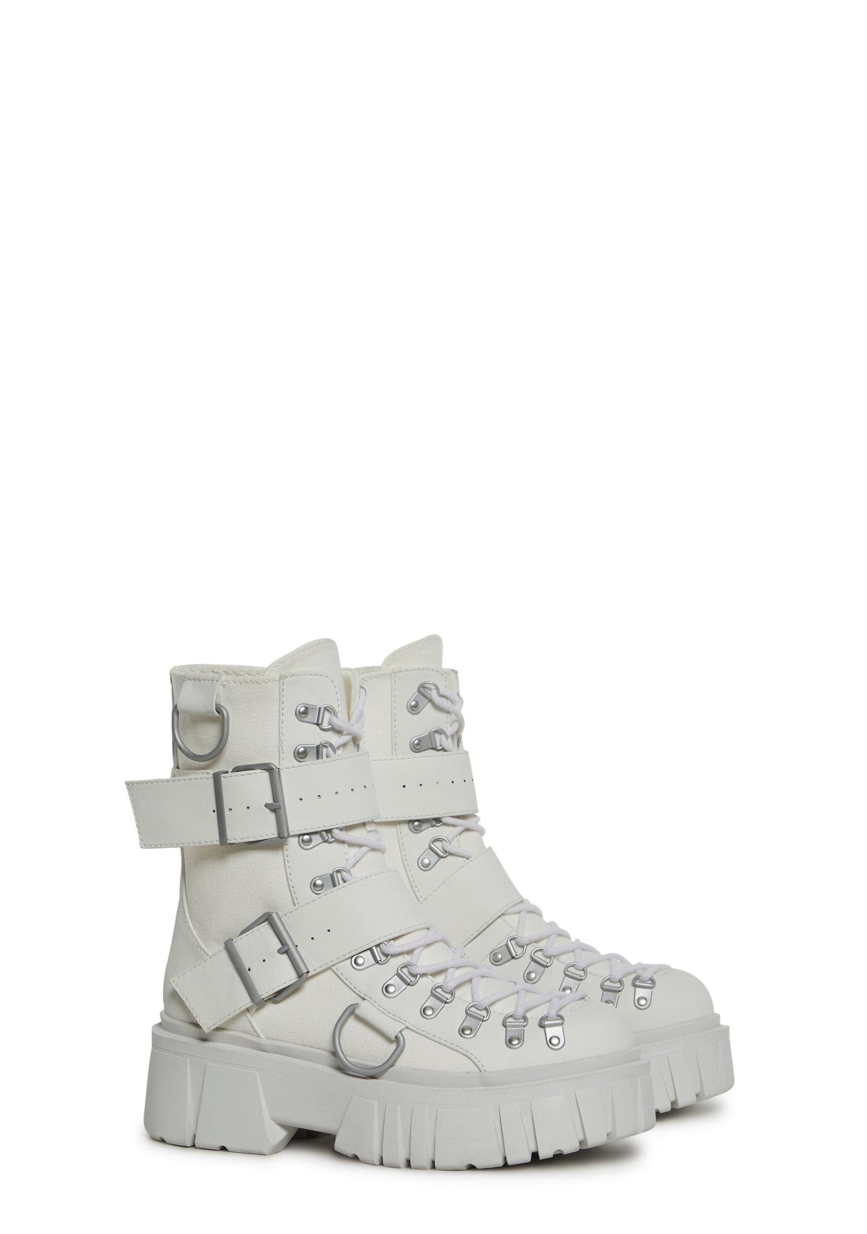 Club Exx Burning Man Buckle D Ring Lace Up Combat Boots - White Product Image