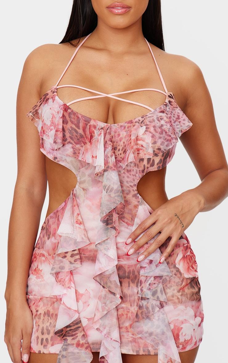 Shape Pink Mesh Printed Ruffle Open Back Halter Dress Product Image