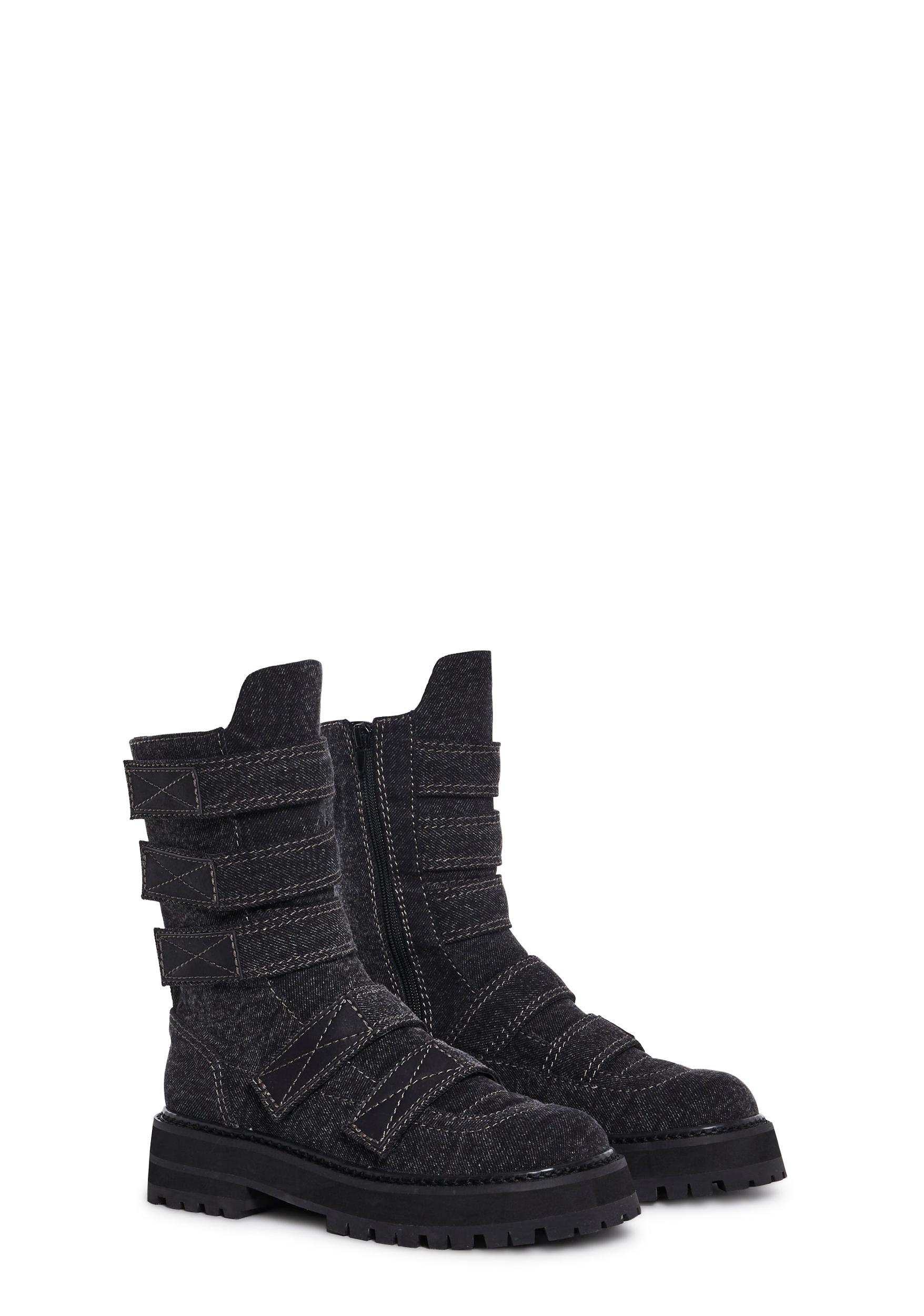 Denim Velcro Ankle Boots With Side Zipper Closures Darker Wavs - Black Product Image