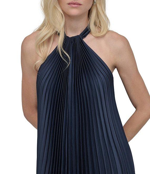 DKNY by Donna Karan Pleated Charmeuse Ombre Print Halter Neck Sleeveless Sheath Midi Dress Product Image