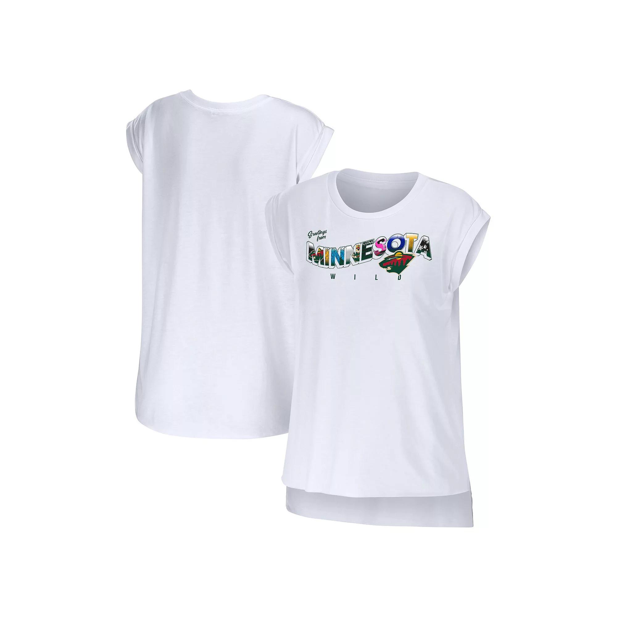 Women's WEAR by Erin Andrews White Minnesota Wild Greetings From Muscle T-Shirt, Size: Medium Product Image