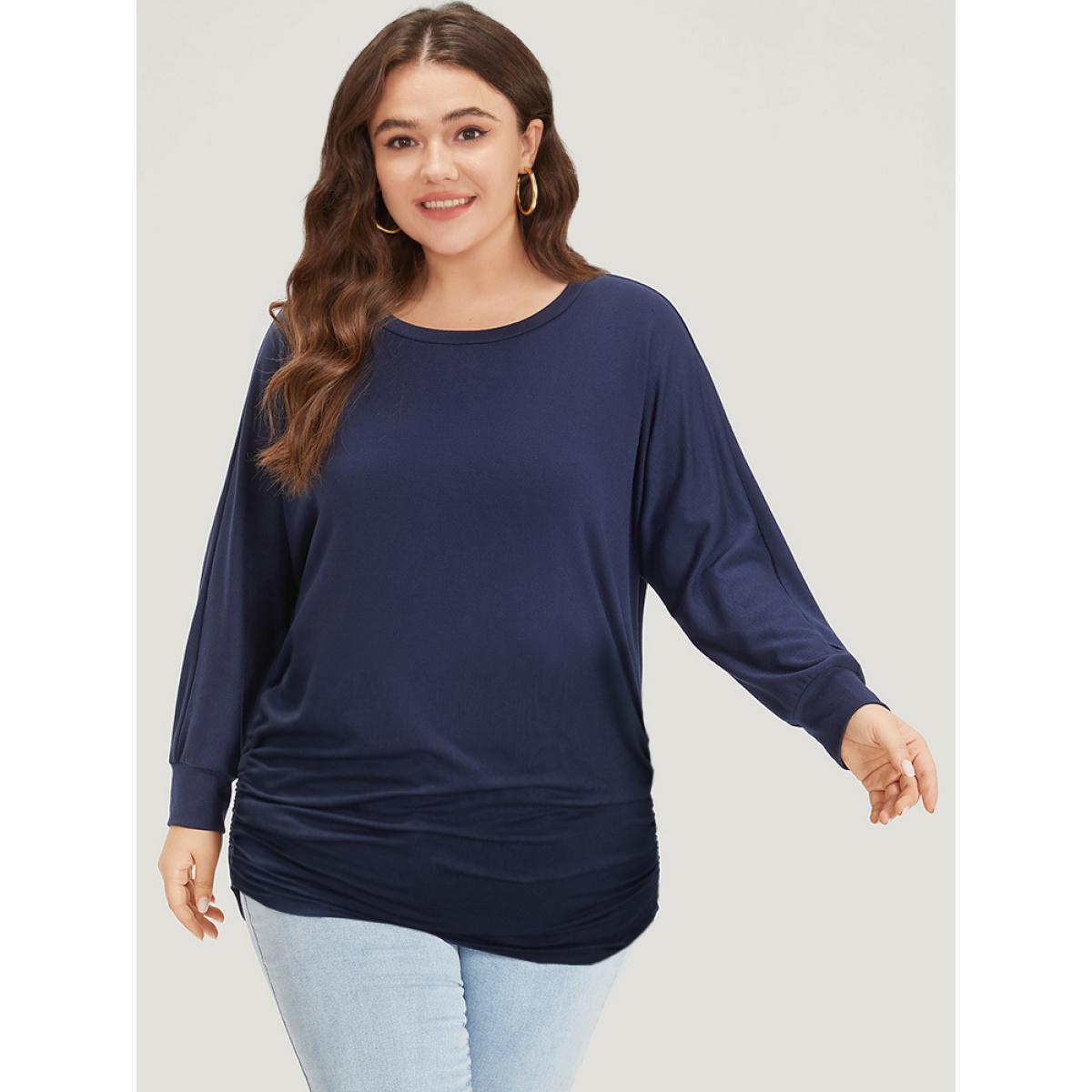 Plus Size Supersoft Essentials Plain Crew Neck Dolman Sleeve Sweatshirt Women Indigo Casual Elastic cuffs Round Neck Everyday Sweatshirts BloomChic 18-20/2X Product Image