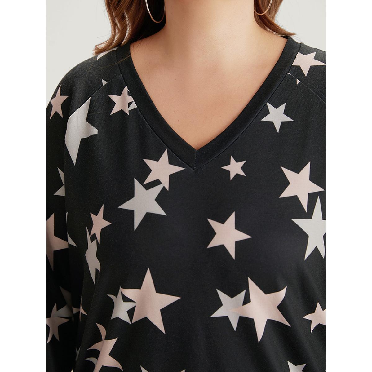 Plus Size Star Print V Neck Raglan Sleeve Sweatshirt Women Black Elegant Elastic cuffs V-neck Dailywear Sweatshirts BloomChic 22-24/3X Product Image