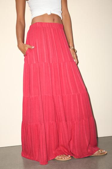 Sunset by the Sea Coral Red Embroidered Tiered Maxi Skirt Product Image