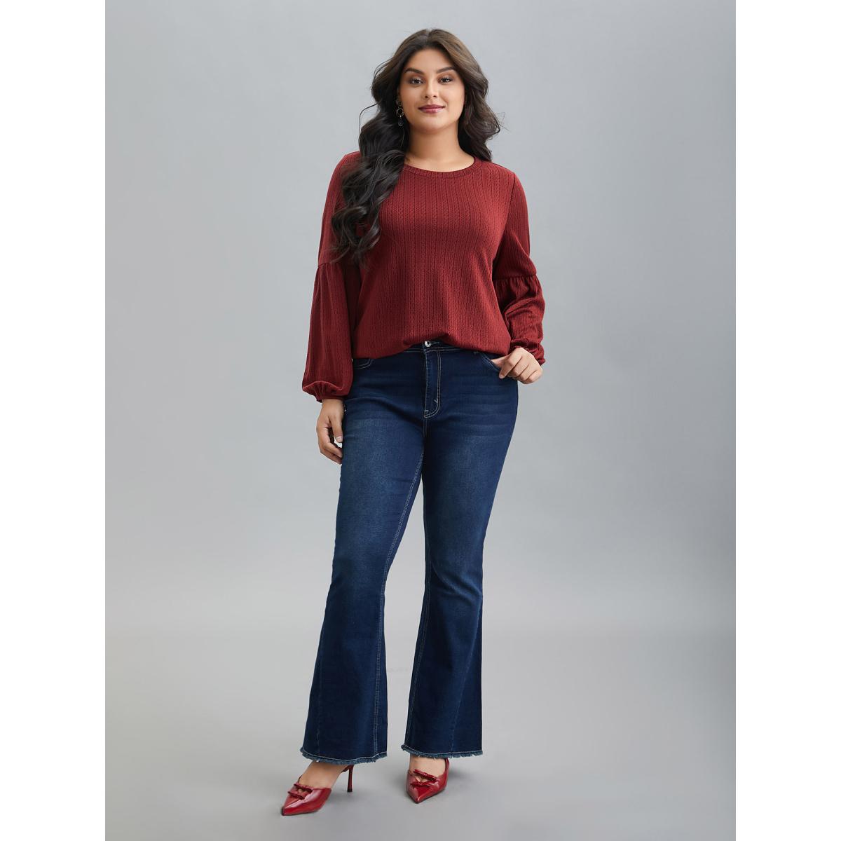 Plus Size Balloon Sleeve Textured Round Neck T-Shirt Deepred Women Elegant Texture Round Neck Everyday T-shirts BloomChic 22-24/3X Product Image