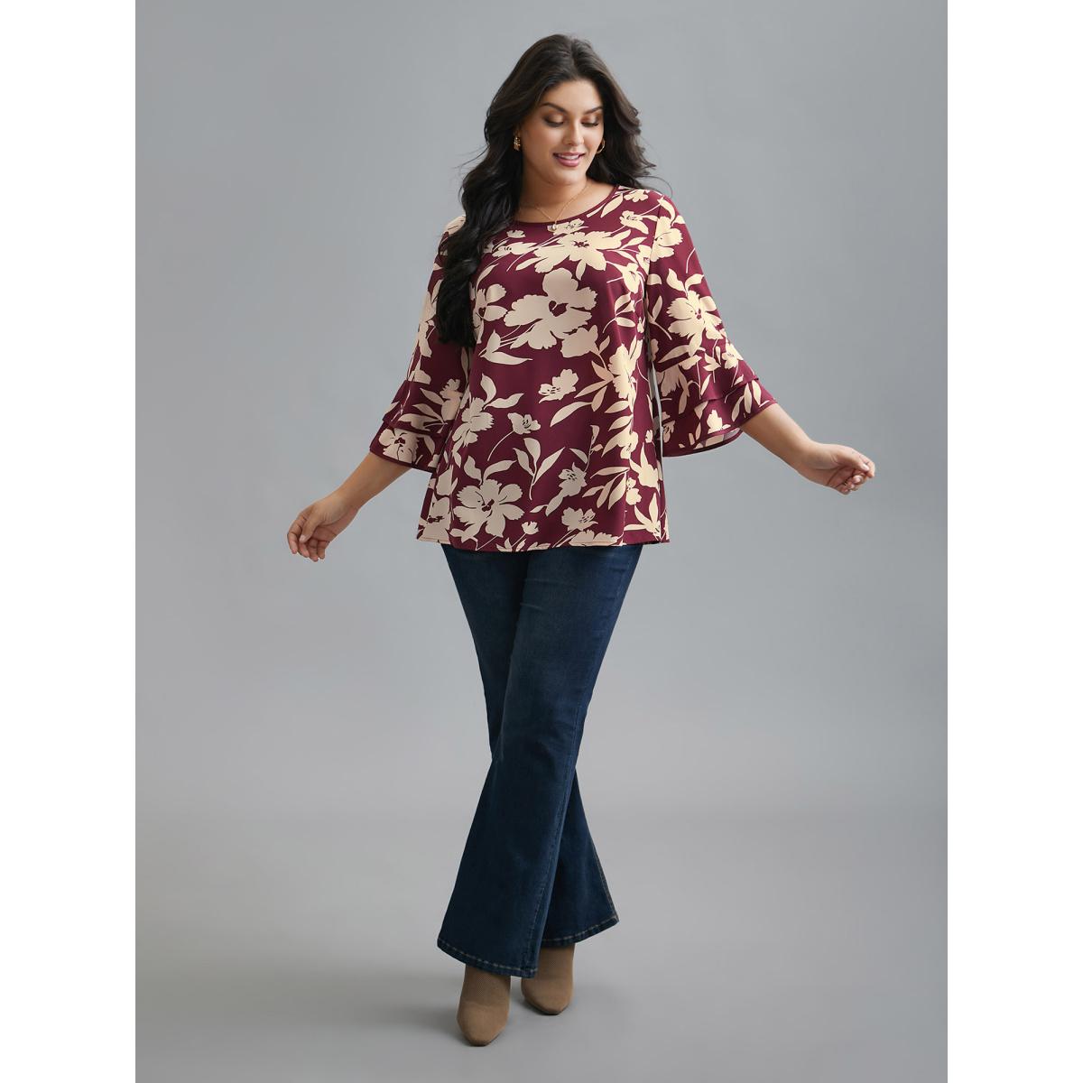 Plus Size Plum Silhouette Floral Print Tiered Ruffles Blouse Women Elegant Elbow-length sleeve Round Neck Everyday Blouses BloomChic 12/L Product Image