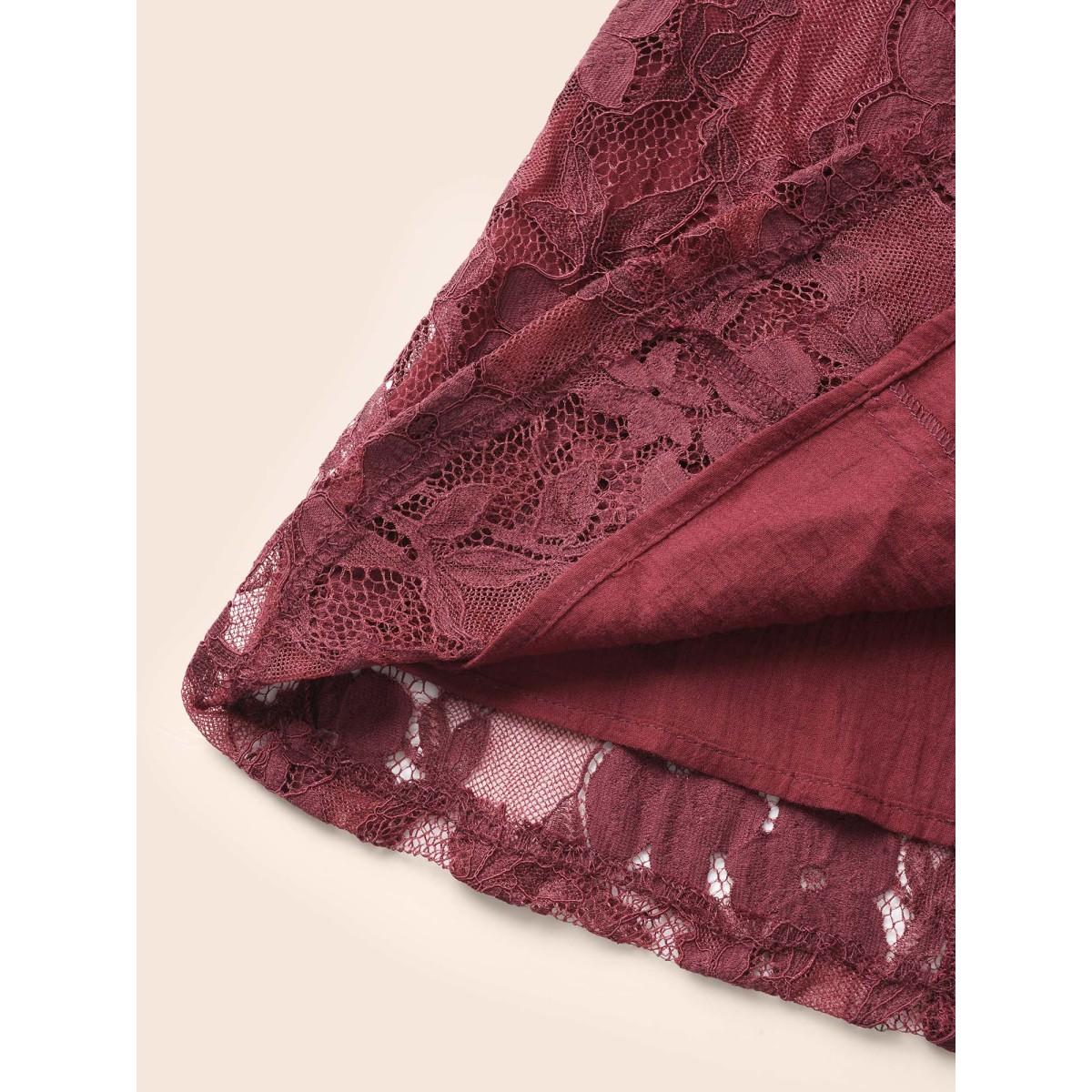 Plus Size Burgundy Square Neck Lace Panel Lantern Sleeve Blouse Women Timeless Elbow-length sleeve Square Neck Elegant Blouses BloomChic 22-24/3X Product Image