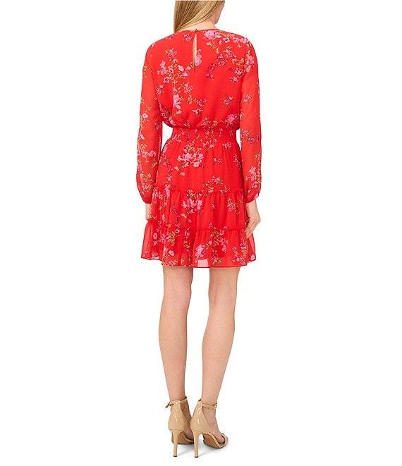 CeCe Gauze Chiffon Floral Print Round Neck Long Sleeve Smocked Tiered Mini A-Line Dress Product Image