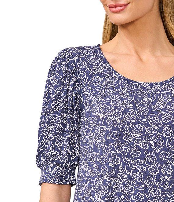 CeCe Knit Floral Print Scoop Neck Short Puff Sleeve Blouse Product Image