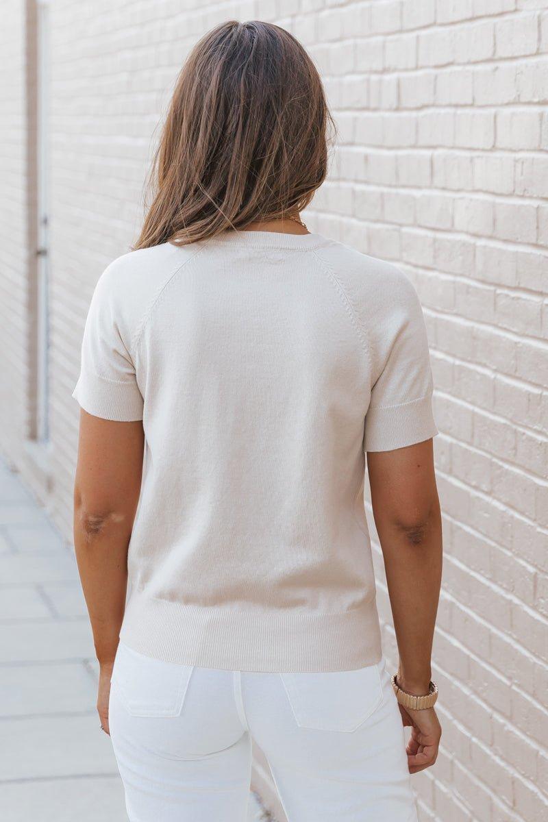 Beige Short Sleeve Crew Neck Sweater Product Image