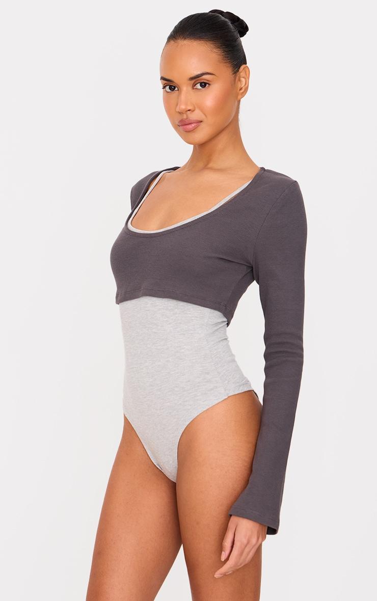 Charcoal Overlay Detail Ribbed Long Sleeve Bodysuit Product Image