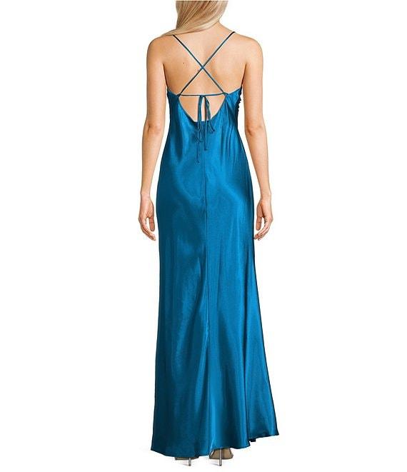 Morgan & Co. Sleeveless Long Spaghetti Strap Charmeuse Draped Front And X Back Long Dress Product Image