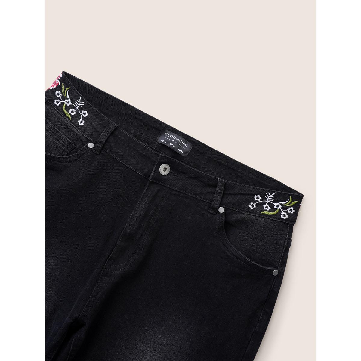 Plus Size Floral Embroidered Raw Hem Bootcut Jeans Women Black Elegant Plants Non High stretch Slanted pocket Jeans BloomChic 30/6X Product Image