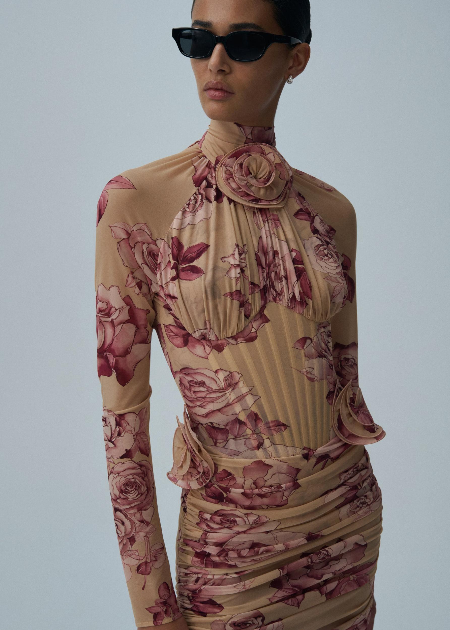 Sheer long sleeve bustier midi dress in beige print Product Image