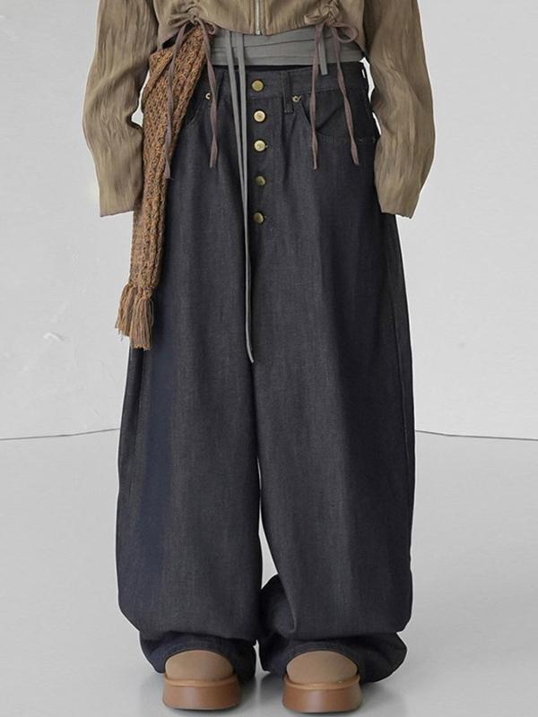 Vintage Style Single-Breasted Design Boyfriend Jeans Product Image