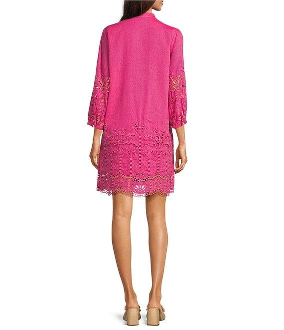 J.McLaughlin Woven Eyelet Split V-Neck 3/4 Sleeve Dress Product Image