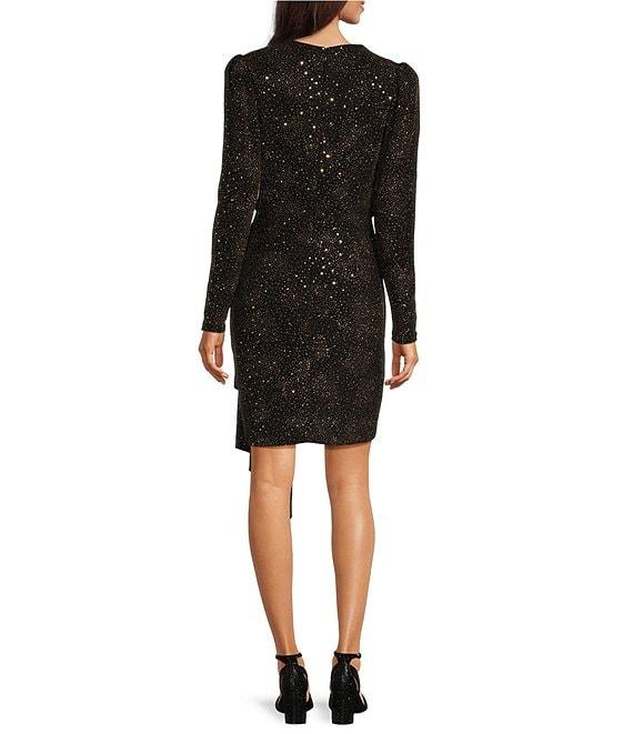 Alex Marie Milly Glitter Knit Surplice V-Neck Long Blouson Sleeve Wrap Bodycon Mini Dress Product Image