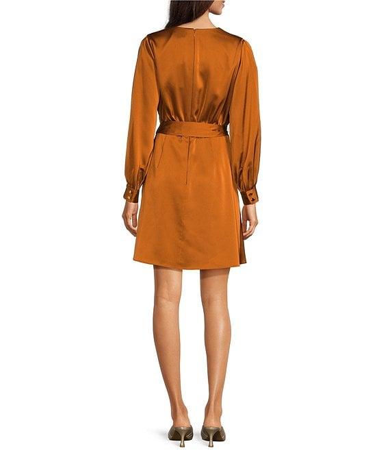 Alex Marie Paige Satin Deep V-Neck Long Cut-Out Sleeve Tie Front A-Line Above the Knee Dress Product Image