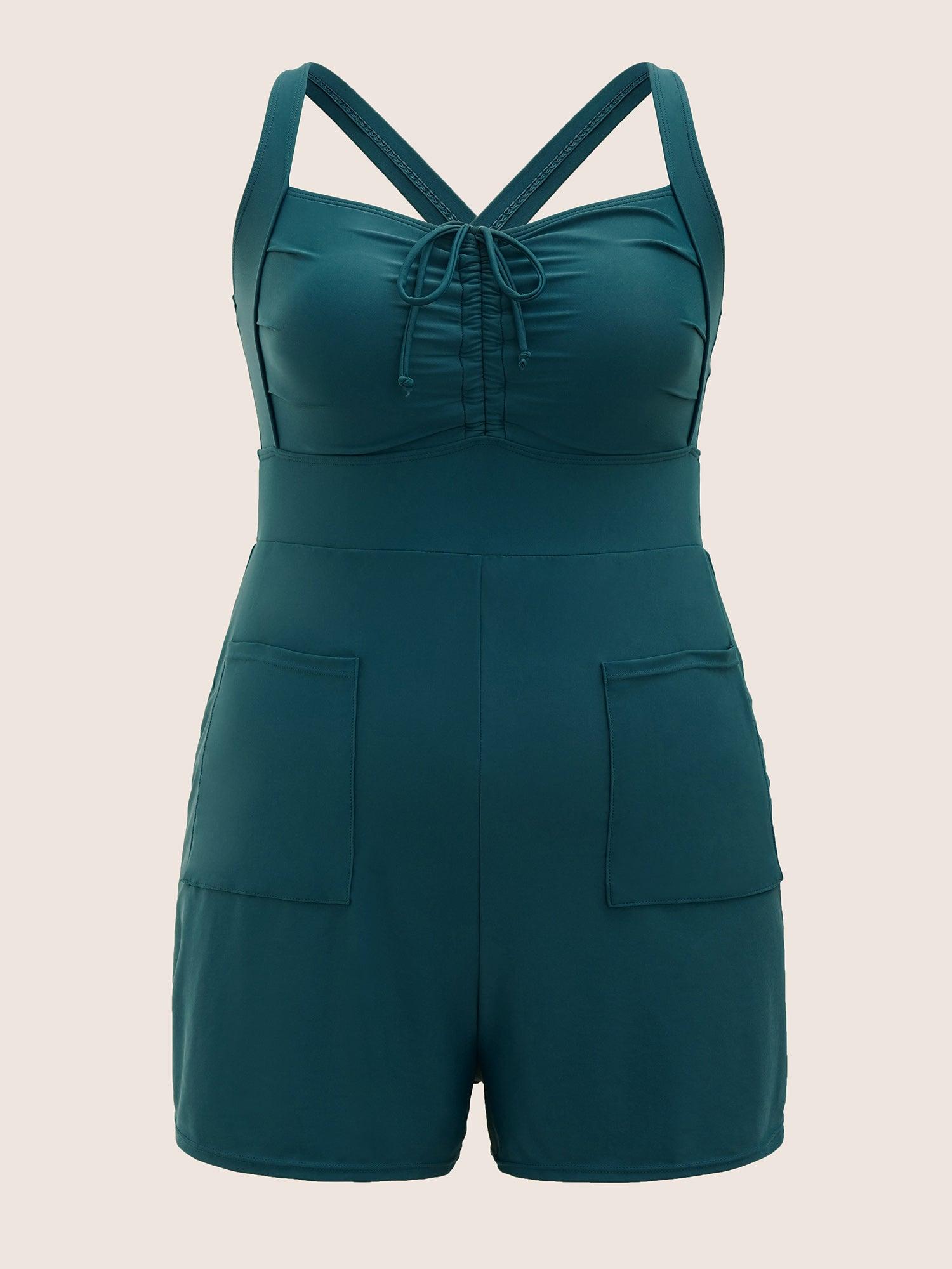 Plain Patched Pocket Drawstring One Piece Swimsuit Female Product Image