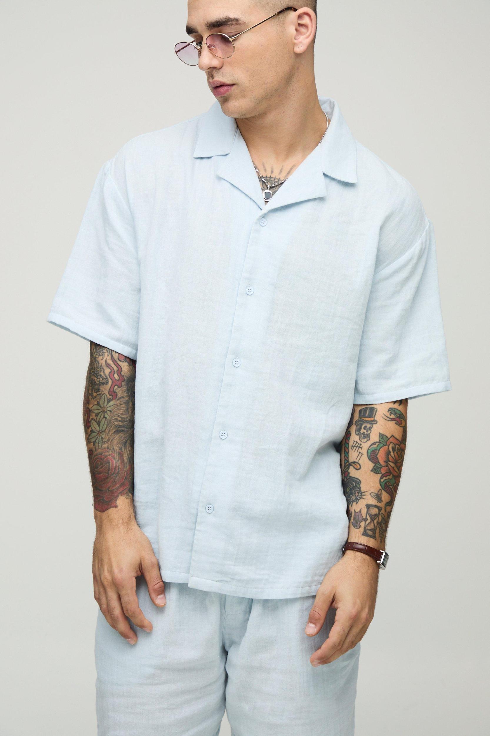 Oversized Cheesecloth Revere Shirt & Relaxed Short Set | boohooMAN USA Product Image