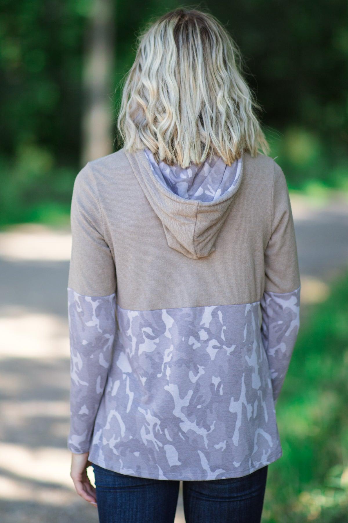 Mocha Camouflage Colorblock Hooded Top Product Image