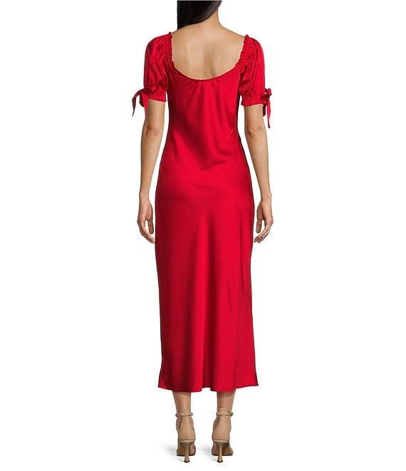 Midnight Doll Satin Puff Short Sleeve V-Neck Dress Product Image