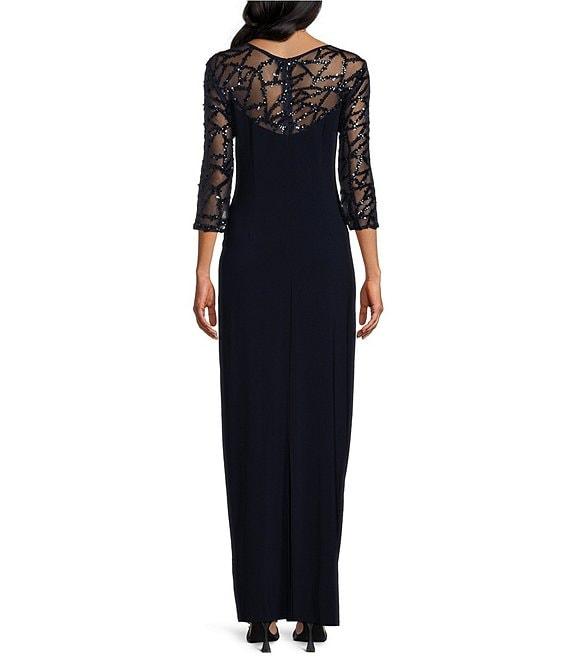 Le Bos Stretch Sequin Lace Mesh Crew Neck 3/4 Illusion Sleeves Back Slit Column Dress Product Image