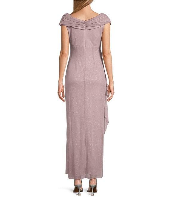 Alex Evenings Embellished Ruched Portrait Neck Cap Sleeve Glitter Mesh Sheath Dress Product Image