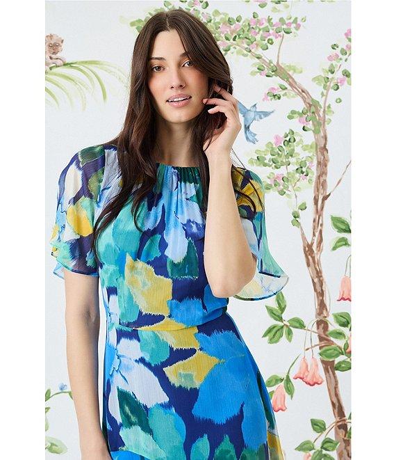 Maggy London Floral Print Round Neckline Short Sleeve Asymmetrical Hem Midi Dress Product Image