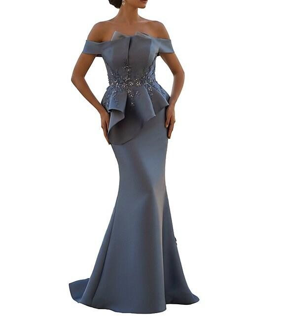 Terani Couture Off-the-Shoulder Pleated Floral Beaded Bodice Mermaid Gown Product Image