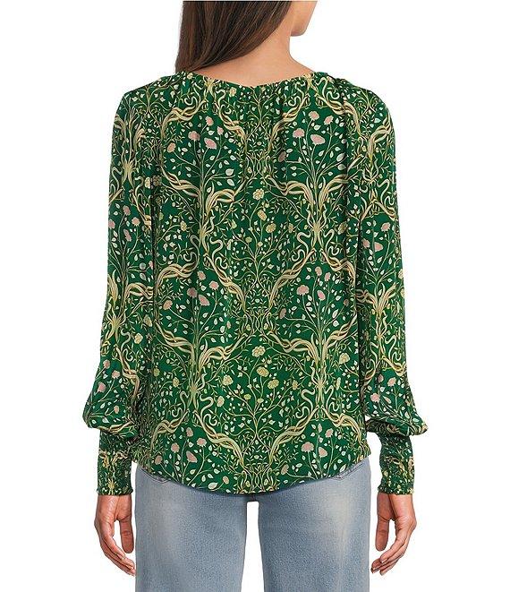 APNY Woven Printed Crew Neck Long Sleeve Smocked Cuff Blouse Product Image
